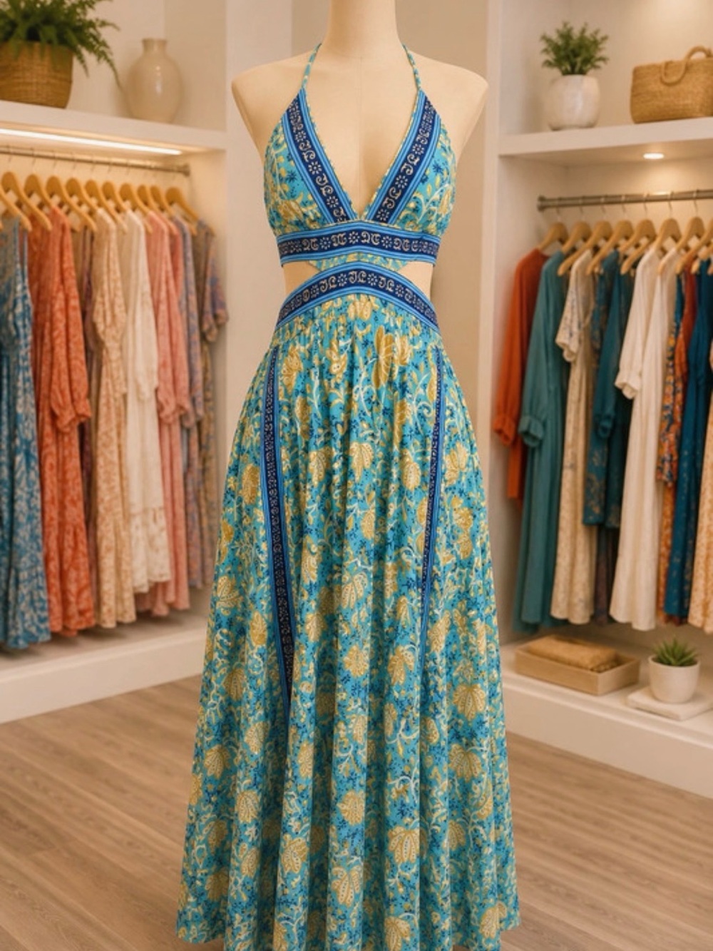 Blue & Yellow Halter Maxi Dress with Floral Print